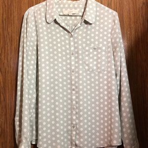 LOFT Gray And White Polka Dot Blouse, Petite Large